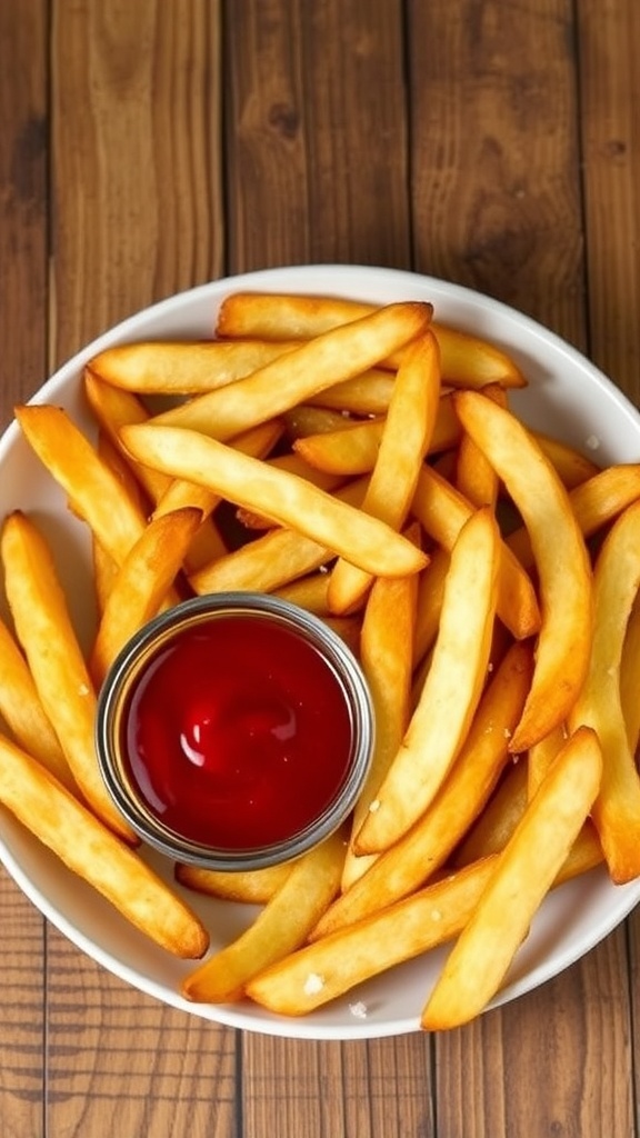 Crispy Air Fryer French Fries Recipe Crispy air fryer French fries on a plate with ketchup, garnished with salt.